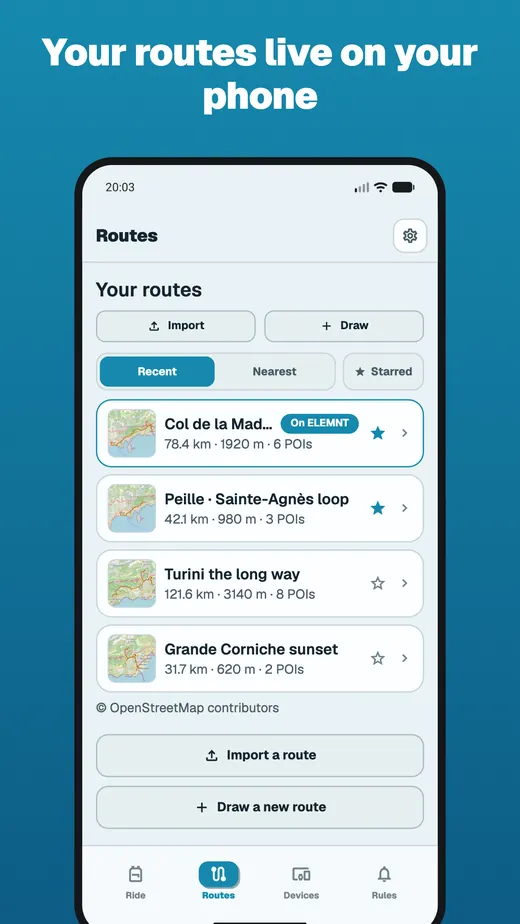 App screen headed “Your routes live on your phone”: the route library with map thumbnails, distance and climb per route, and the one currently loaded on the head unit pinned to the top.