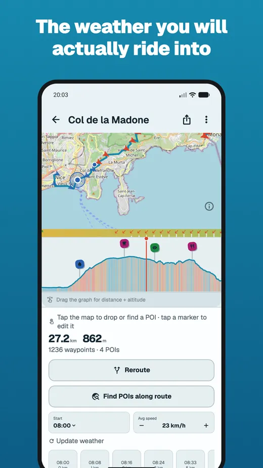 App screen headed “The weather you will actually ride into”: the same route with wind arrows along it and a forecast strip by arrival time from 08:00.
