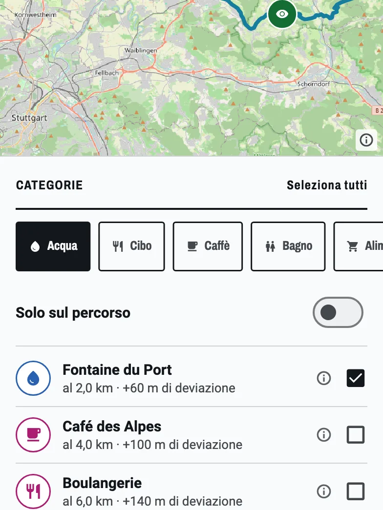 Soste trovate lungo il percorso: il percorso sulla mappa con una fontanella e un punto panoramico, tutto entro 200 m dalla traccia.