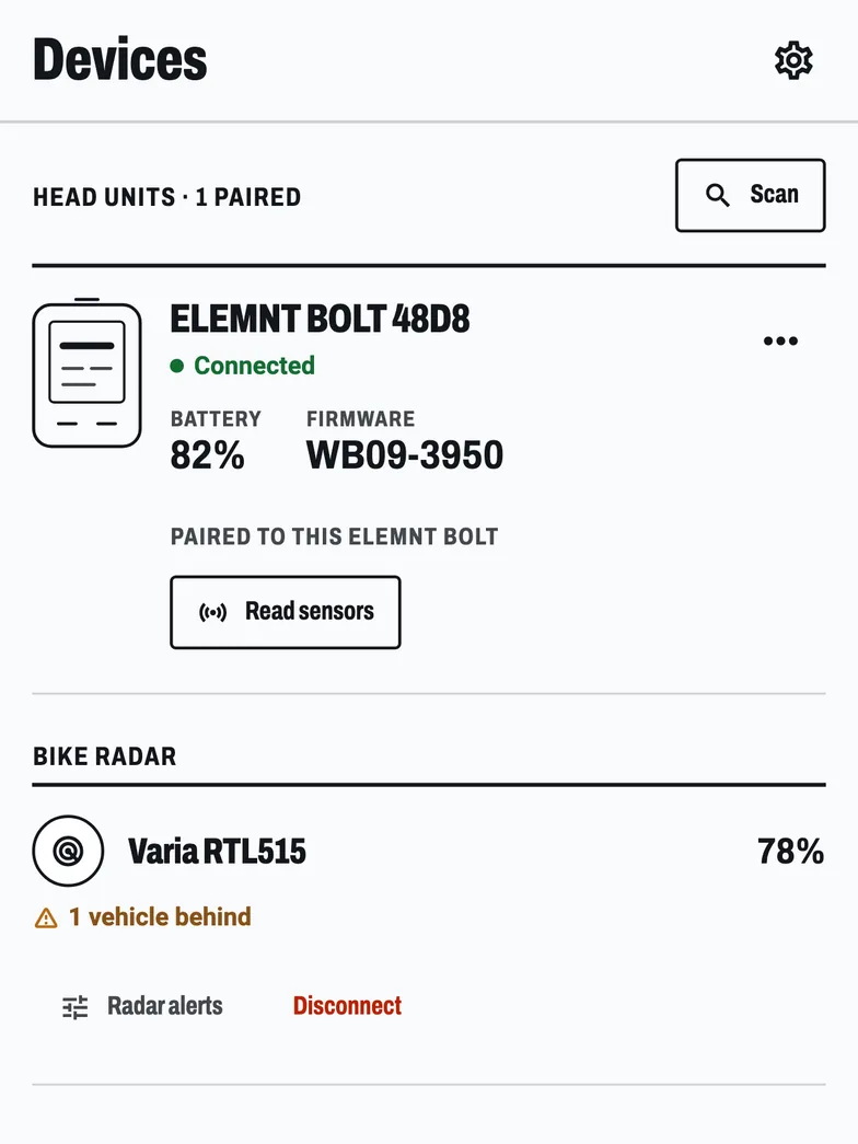 The Devices screen: an ELEMNT BOLT connected, its battery at 82 per cent and its firmware version shown, and a Varia bike radar paired below it.