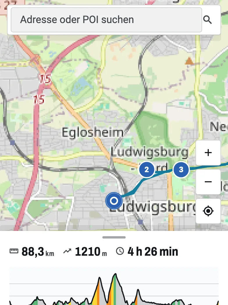 Der Routenplaner: die Ludwigsburg-Route mit ihren nummerierten Wegpunkten auf der Karte, darunter die Summen 88,3 km und 1210 m.
