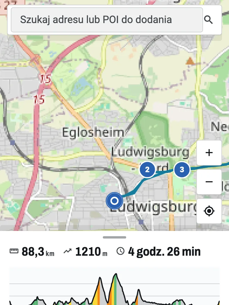 Planer tras: trasa z Ludwigsburga z ponumerowanymi punktami na mapie, a pod nią podsumowanie 88,3 km i 1210 m.