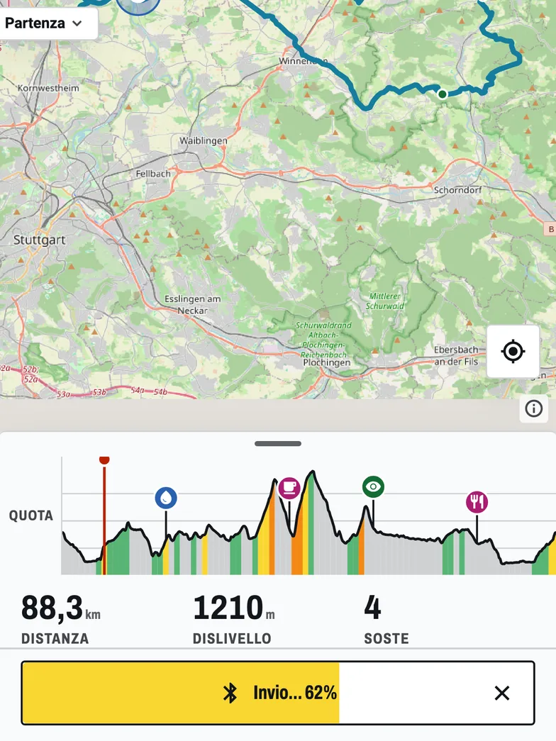 Il percorso in invio: il profilo altimetrico con le quattro soste segnate, 88,3 km, 1210 m e una barra di invio al 62%.