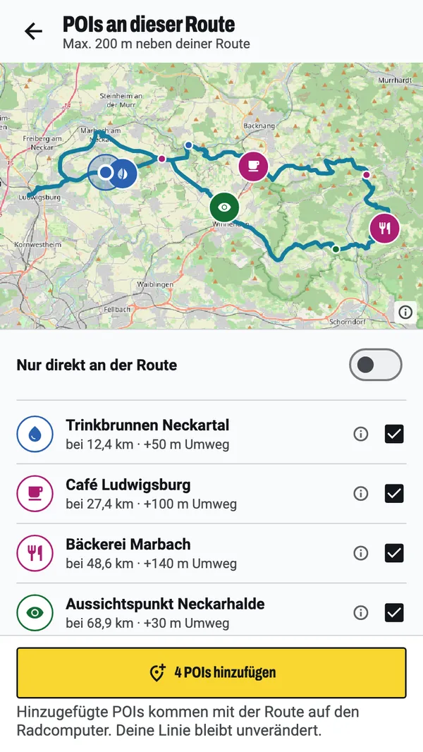 Die Stopp-Suche entlang einer Route: vier Stopps auf der Karte ausgewählt, ein Brunnen, ein Café, eine Bäckerei und ein Aussichtspunkt, jeder mit seiner Stelle auf der Route und dem Umweg, und ein Button, der alle vier hinzufügt.