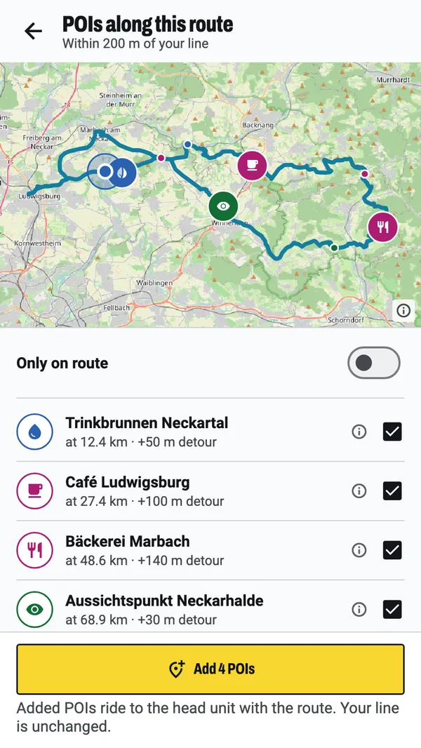 The stop search along a route: four stops picked on the map, a fountain, a café, a bakery and a viewpoint, each listed with where it is on the route and how far off the line, and a button to add all four.