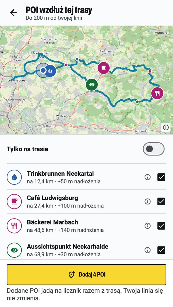 Wyszukiwanie przystanków wzdłuż trasy: cztery przystanki wybrane na mapie, fontanna, kawiarnia, piekarnia i punkt widokowy, każdy z miejscem na trasie i nadłożeniem drogi, oraz przycisk dodający wszystkie cztery.