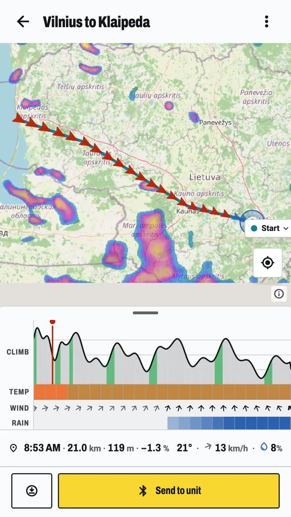 Weather along a route across Lithuania: the rain radar drawn on the map under the line, with the bands of rain the ride crosses, and beneath it the elevation profile with temperature, wind and rain lanes.