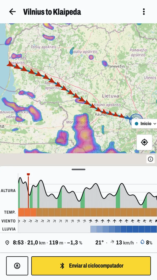 El tiempo a lo largo de una ruta por Lituania: el radar de lluvia dibujado en el mapa bajo la línea, con las bandas de lluvia que cruza la salida, y debajo el perfil de altitud con temperatura, viento y lluvia.