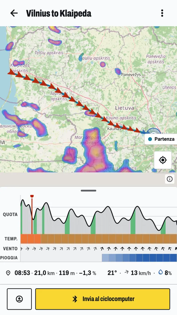 Il meteo lungo un percorso in Lituania: il radar della pioggia disegnato sulla mappa sotto la traccia, con le fasce di pioggia che l'uscita attraversa, e sotto il profilo altimetrico con temperatura, vento e pioggia.